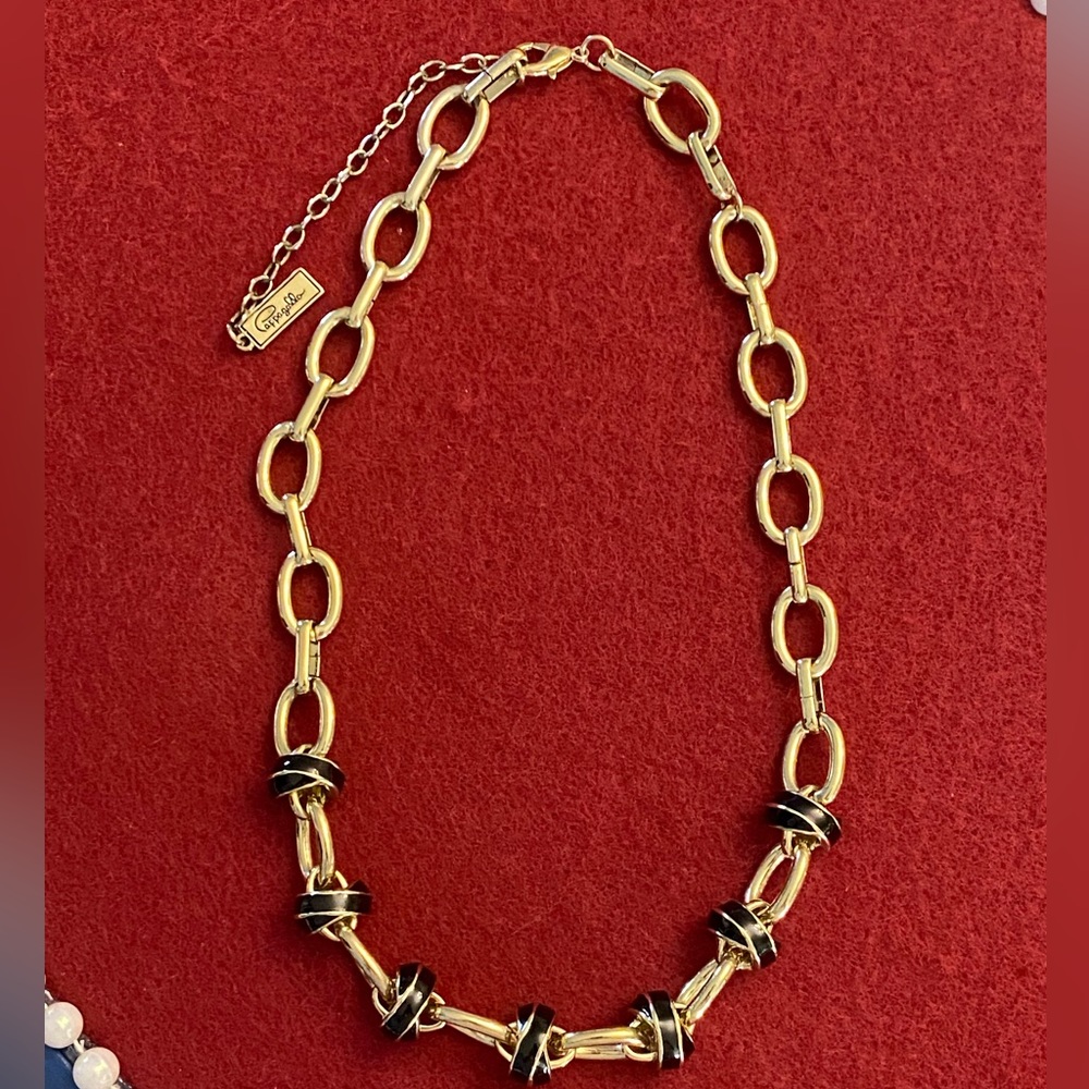Pappagallo Signed Gold Toned Chain Link and Black Enamel Necklace